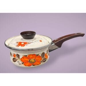 Retro 1970s Sankoware Japan Enamel Saucepan with Lid – Orange Floral Design